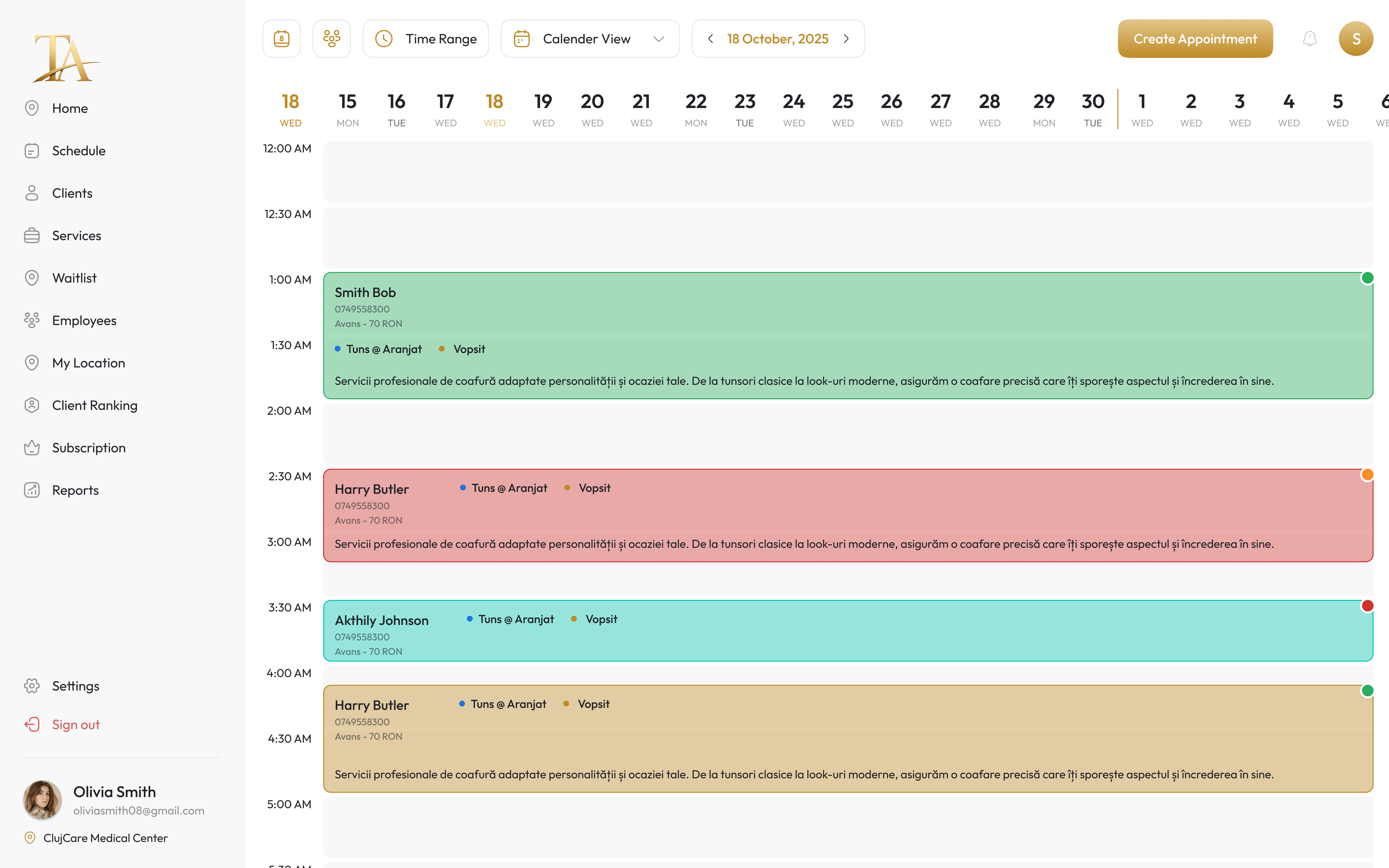 Calendar TapAgenda cu programările echipei, grupate pe specialiști