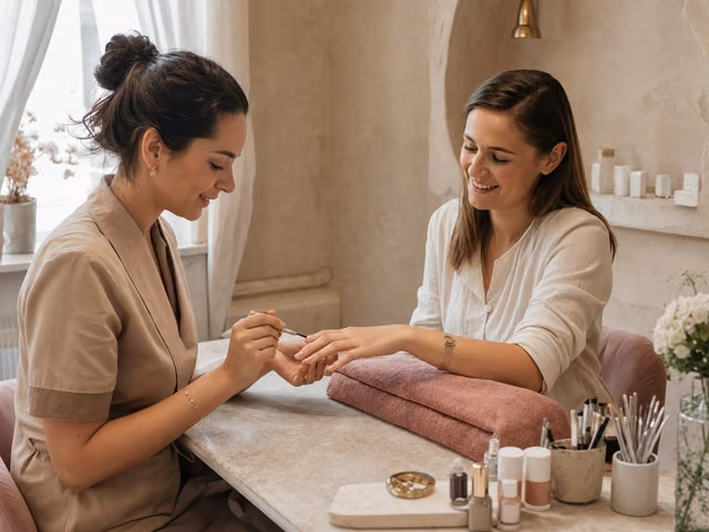 Specialistă beauty lucrând cu atenție la manichiura unei cliente