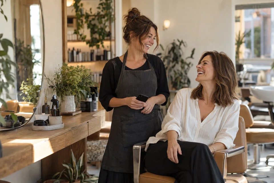O hairstylistă și clienta ei zâmbesc la finalul unei vizite în salon