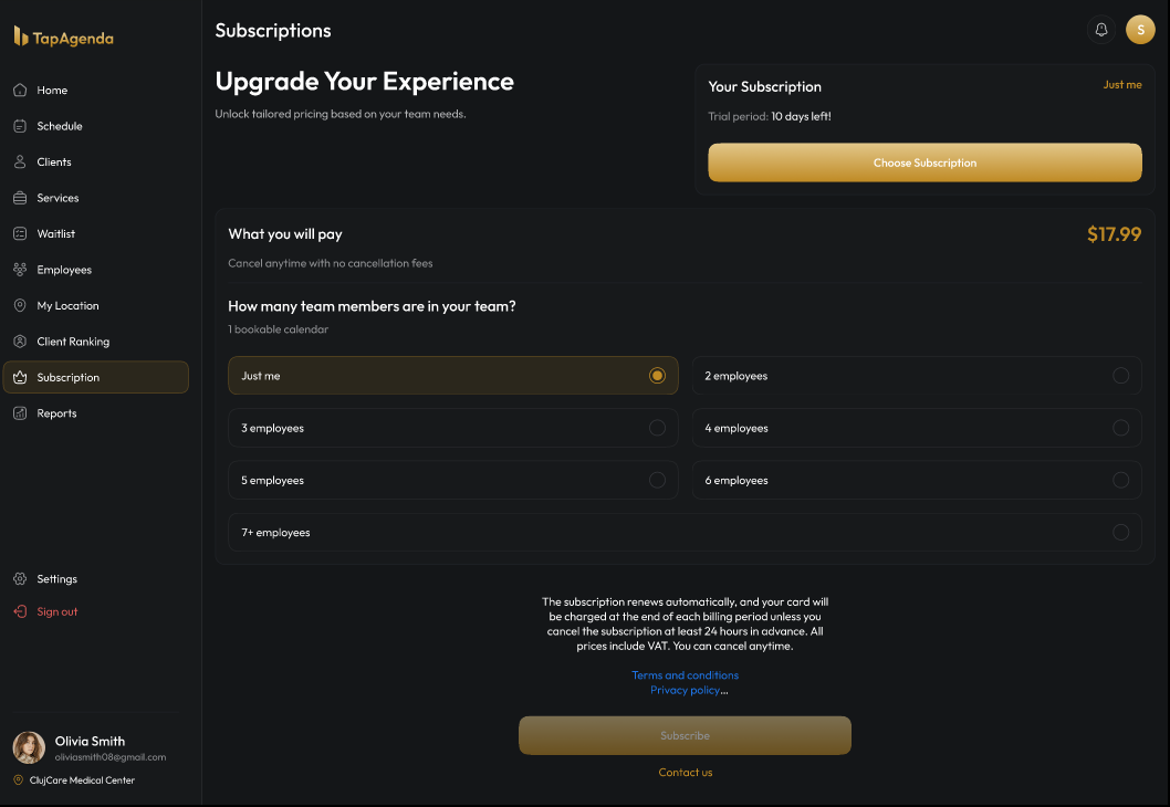 TapAgenda payment and subscription controls