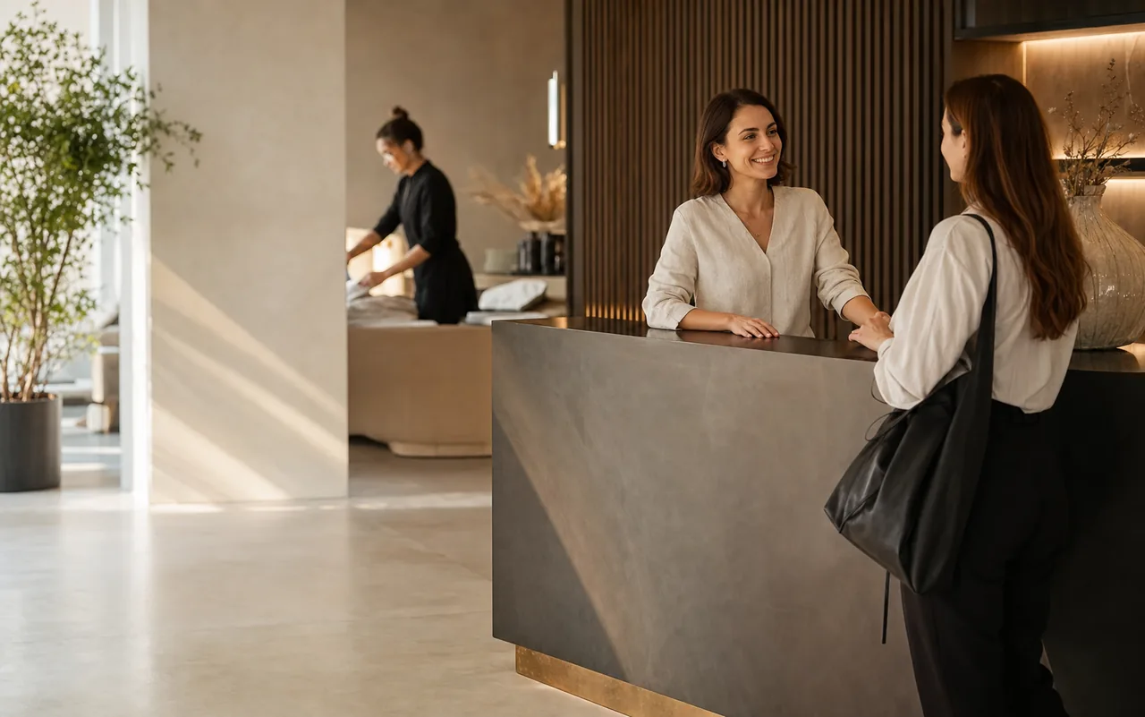 O recepționeră discută cu o clientă într-un spa modern