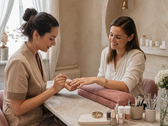Tehniciană de unghii lucrând cu o clientă