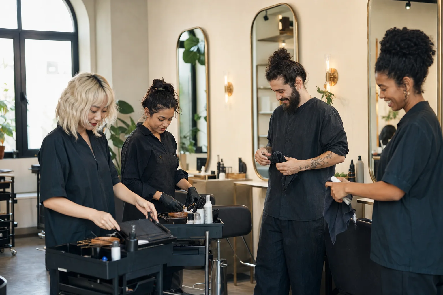 Echipă de salon care pregătește ziua împreună
